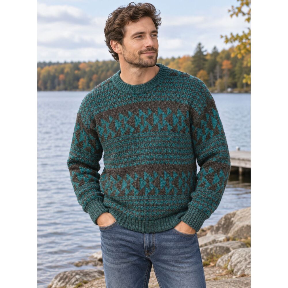 Vintage 90’s Men's Pullover Sweater Size M by Elegant USA Teal Gray Crew Neck